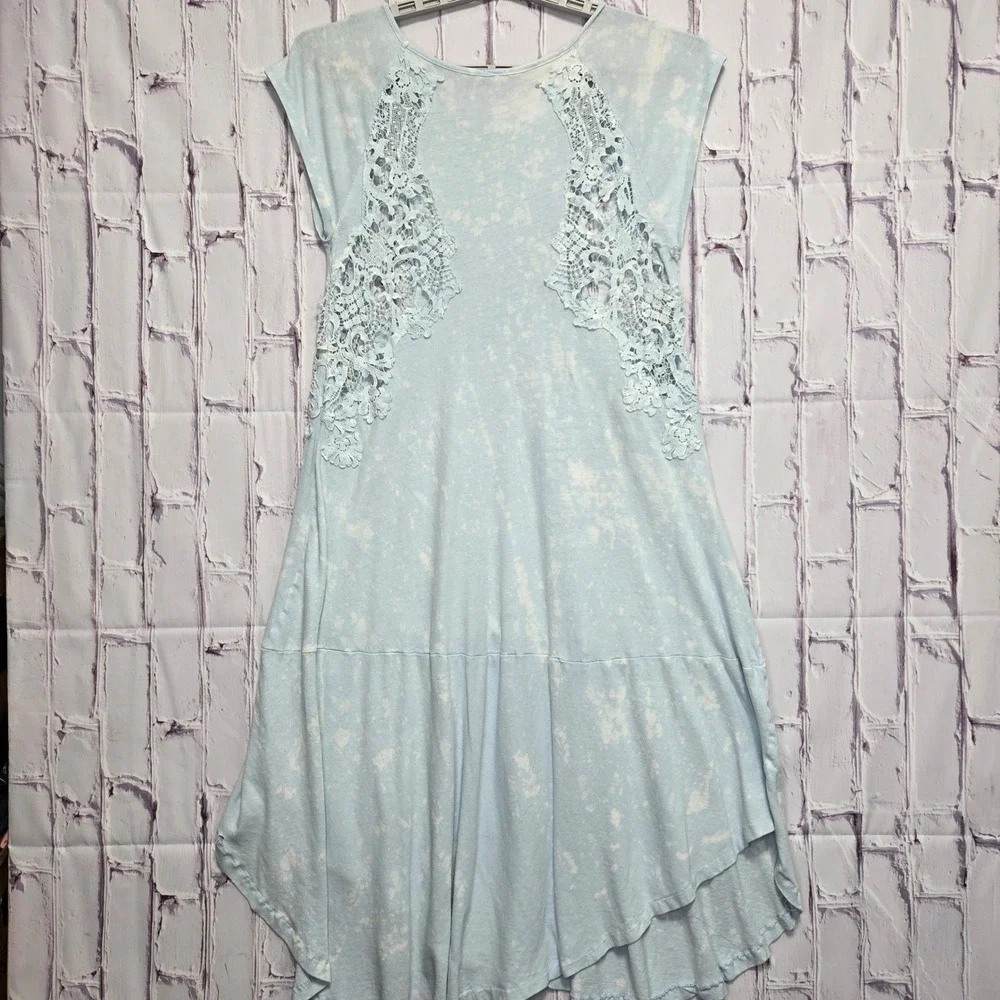 Y2K Free People Light Blue Acid Wash Lace Crochet Mini Sun Beachy Dress Women XS